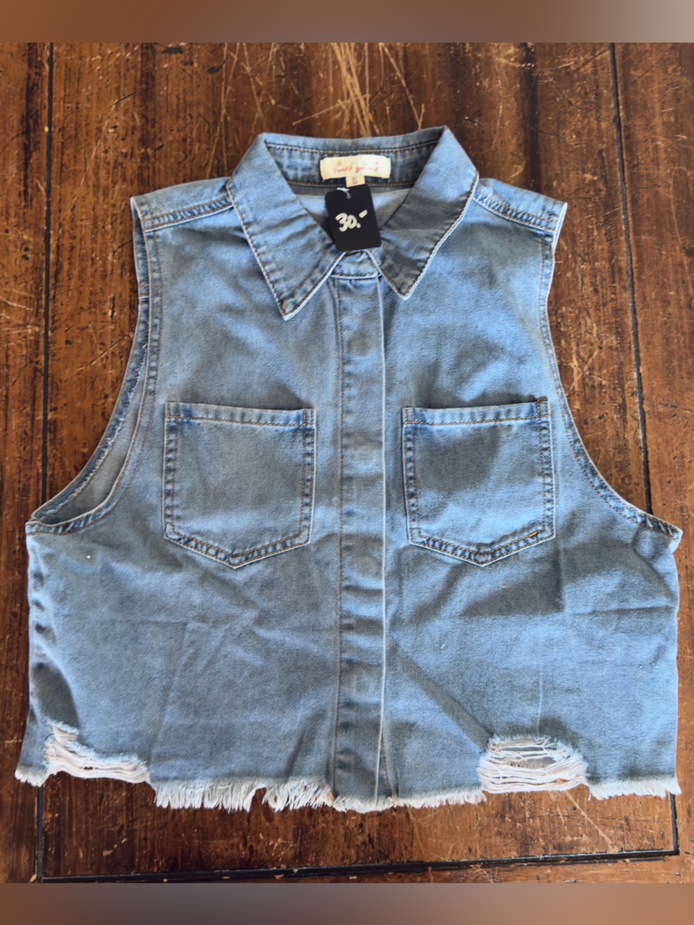 Light Blue Denim Jean Collared Sleeveless Fringe Top Vest